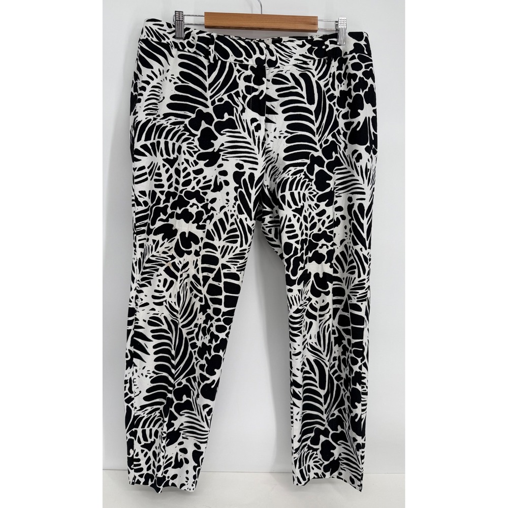 J.Crew Martie Pant Womens Sz 16 Black White Tropical Leaf Print Slim Crop Pants
